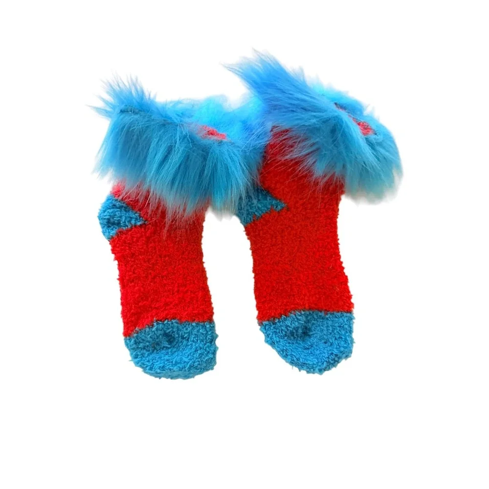 Unbranded Fuzzy Socks Kids Small Red Blue Excellent Faux Fur Trim Dr Seuss Style